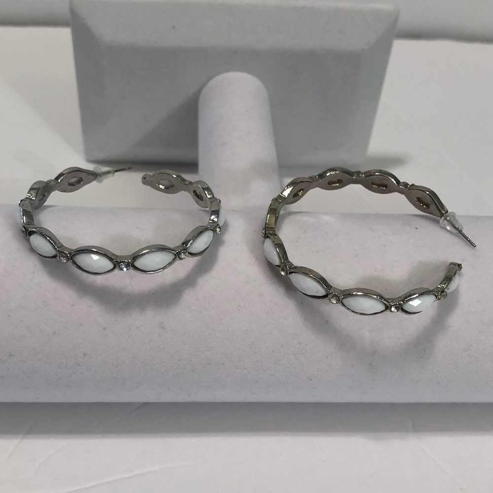 White silver and clear rhinestone hoop earrings